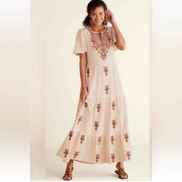 Soft Surroundings Dresses & Skirts - Soft Surroundings Bellmore Gauze Cream Tiered Embroidered Maxi Dress Sz XS